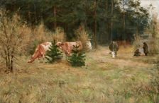 Cows near a Forest, c1900. Creator: Maria Chmielowska