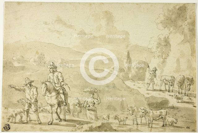 Cows, Sheep, Goats Being Herded, Herdsman Giving Directions to Traveler on Horseback, n.d. Creator: Abraham Jansz Begeyn.