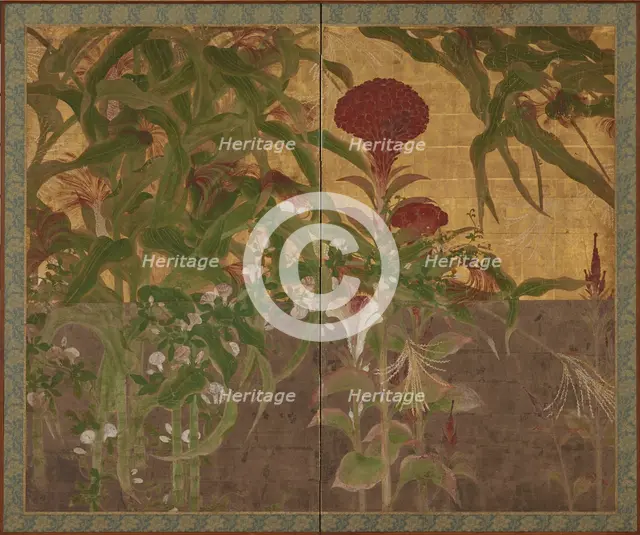 Coxcombs, maize and morning glories, Momoyama period, 17th century. Creator: Unknown.