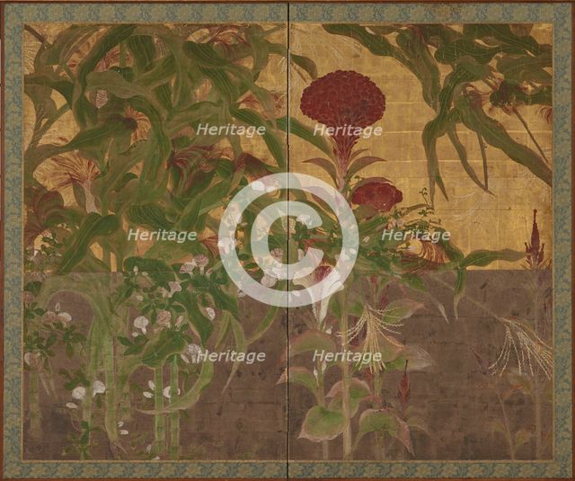 Coxcombs, maize and morning glories, Momoyama period, 17th century. Creator: Unknown.