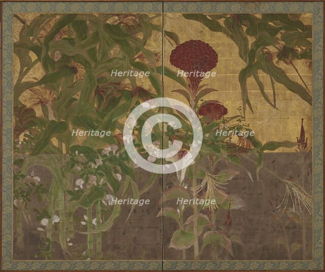 Coxcombs, maize and morning glories, Momoyama period, 17th century. Creator: Unknown.