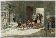Coach arriving in the yard of an inn, 1890