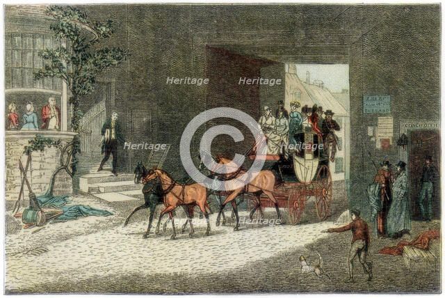 Coach arriving in the yard of an inn, 1890. Artist: Unknown