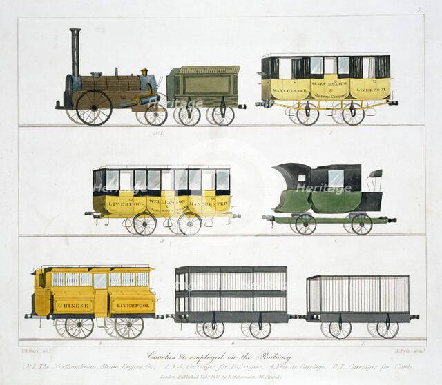 Coaches employed on the Liverpool and Manchester Railway, 1831. Artist: Henry Pyall