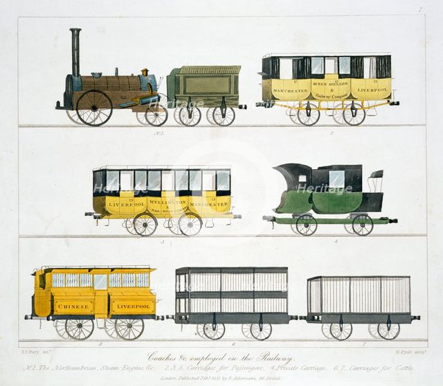 Coaches employed on the Liverpool and Manchester Railway, 1831. Creator: Henry Pyall.