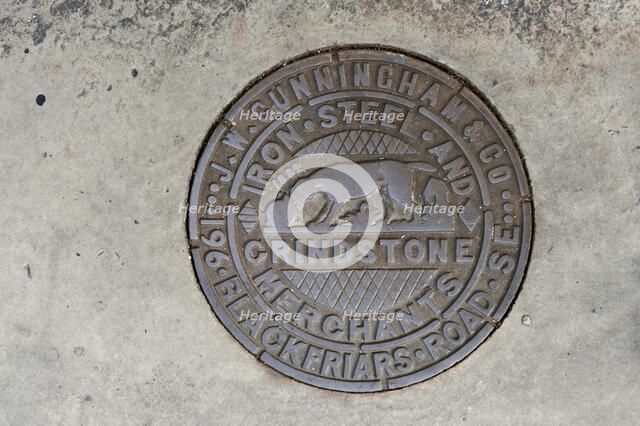 Coal hole plate made by JW Cunningham & Co, Lower Marsh, Lambeth, London, 2010. Artist: Derek Kendall.