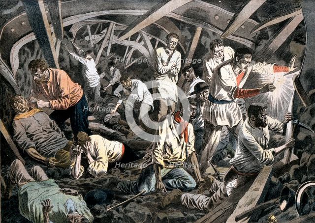 Coal miners trapped underground by a roof fall, Courrieres Mines, Pas-de-Calais, France, 1906. Artist: Unknown