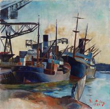 Coal ships in a harbour, 1929. Creator: William Rosenberg