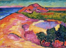 Coast scene with red hill 1911. Creator: Alexei Jawlensky