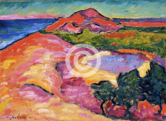 'Coast scene with red hill', 1911. Creator: Alexei Jawlensky.