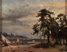 Coastal landscape, pine trees and a boat, 1863. Creator: Berndt Lindholm