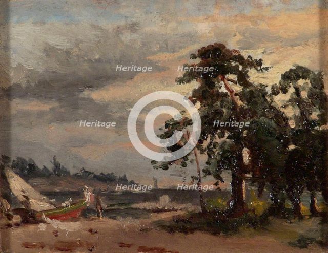 Coastal landscape, pine trees and a boat, 1863. Creator: Berndt Lindholm.