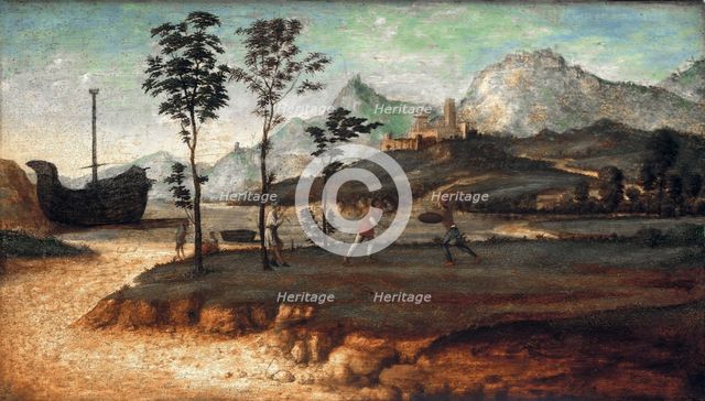 Coastal Landscape with two men fighting, c. 1510. Artist: Cima da Conegliano, Giovanni Battista (ca. 1459-1517)