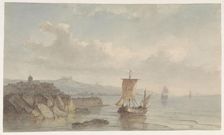 Coastal landscape with port and ships on the water, 1809-1874. Creator: Christiaan Lodewijk Willem Dreibholtz