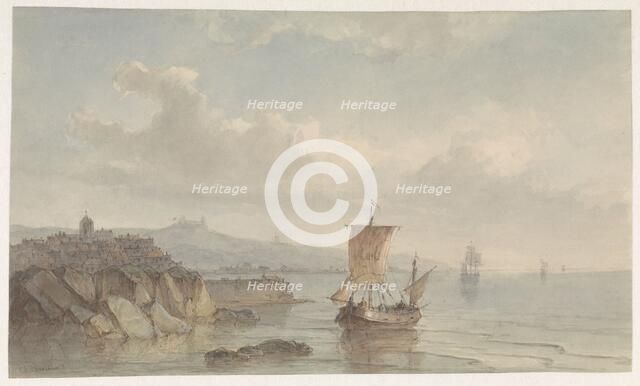 Coastal landscape with port and ships on the water, 1809-1874. Creator: Christiaan Lodewijk Willem Dreibholtz.