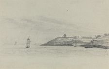 Coastal Landscape with Shipping; Windmill in Distance, c. 1858. Creator: Eugene Louis Boudin