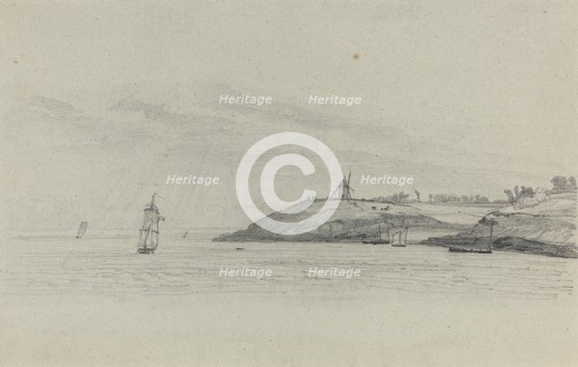 Coastal Landscape with Shipping; Windmill in Distance, c. 1858. Creator: Eugene Louis Boudin.