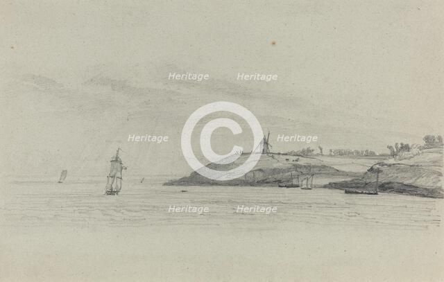 Coastal Landscape with Shipping; Windmill in Distance, c. 1858. Creator: Eugene Louis Boudin.