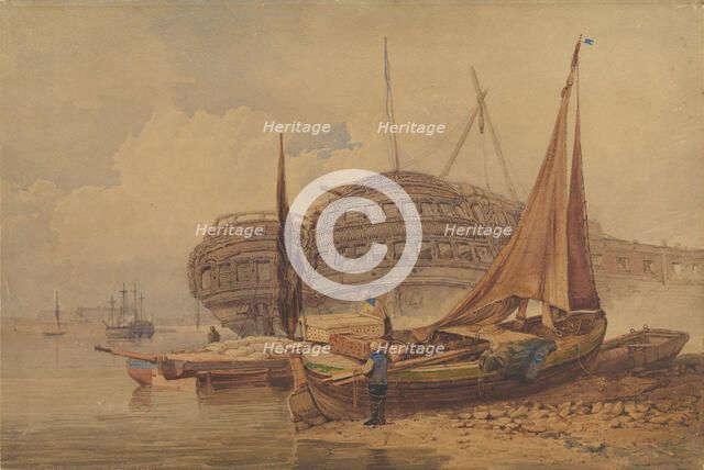 Coastal Scene with Beached Boats in Foreground, early-mid 19th century. Creator: Samuel Prout.