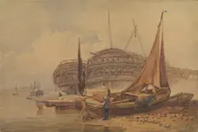 Coastal Scene with Beached Boats in Foreground, early-mid 19th century. Creator: Samuel Prout
