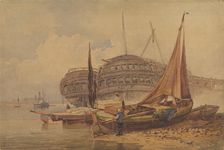 Coastal Scene with Beached Boats in Foreground, early-mid 19th century. Creator: Samuel Prout