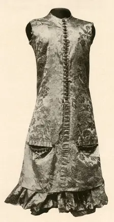 Coat and full breeches of dark red flowered silk 1681, (1937). Creator: Unknown