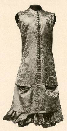 Coat and full breeches of dark red flowered silk 1681, (1937). Creator: Unknown