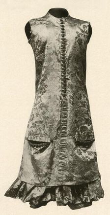 Coat and full breeches of dark red flowered silk 1681, (1937). Creator: Unknown