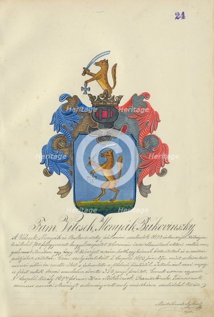 Coat of arms of the Vilcek, Monak, Bukovinska families, 1904. Creator: Adolf Medzihradsky.