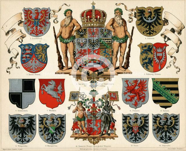 Coat of arms of the Kingdom of Prussia and provinces (Meyers Großes Konversations-Lexikon), 1883. Creator: Anonymous.
