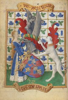Coat of Arms Held by a Woman and a Greyhound; Hours of Simon de Varie, 1455. Creator: Jean Fouquet