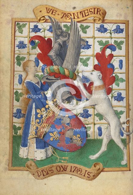Coat of Arms Held by a Woman and a Greyhound; Hours of Simon de Varie, 1455. Creator: Jean Fouquet.