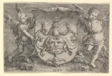 Coat of Arms with a Mask, Held by Two Genii, 1527. Creator: Lucas van Leyden