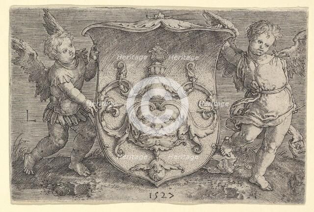 Coat of Arms with a Mask, Held by Two Genii, 1527. Creator: Lucas van Leyden.