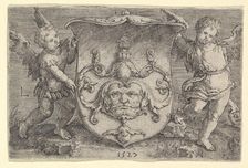 Coat of Arms with a Mask, Held by Two Genii, 1527. Creator: Lucas van Leyden