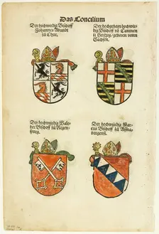 Coats of Arms of Bishops (recto and verso) from Das Concilium so zu Constantz..., 1937. Creator: Jorg Breu the Elder