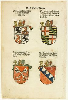 Coats of Arms of Bishops (recto and verso) from Das Concilium so zu Constantz..., 1937. Creator: Jorg Breu the Elder