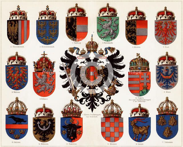 Coats of arms of Counties of Austria-Hungary and small Austrian national coat of arms, c. 1907. Creator: Anonymous.