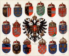 Coats of arms of Counties of Austria-Hungary and small Austrian national coat of arms, c. 1907. Creator: Anonymous