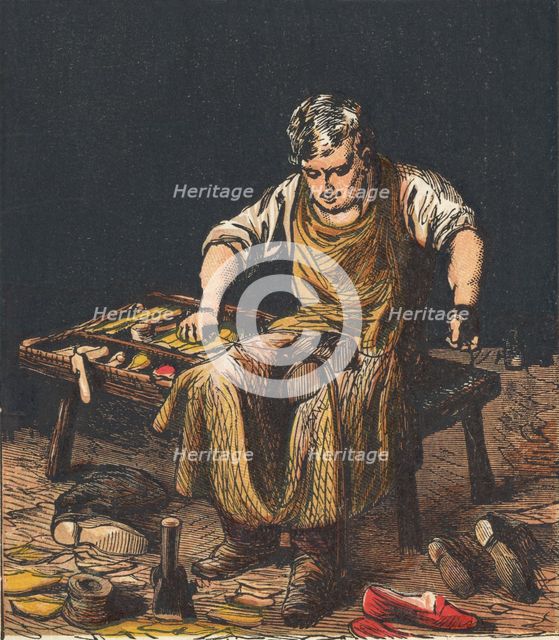 Cobbler mending boots, 1867.   Creator: Anon.