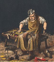 Cobbler mending boots, 1867. Creator: Anon