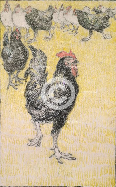 Cockerel, followed by black and white Hens, 1899. Artist: Theophile Alexandre Steinlen.