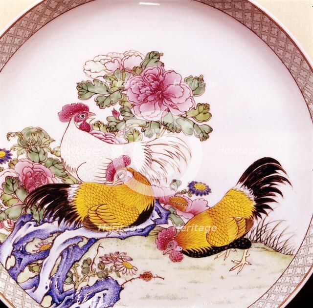 Cockerels, Famille Rose Enamel Porcelain Plate, Ch'Ieh Lung, 1736-1795.  Artist: Unknown.