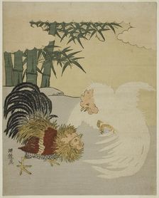 Cocks Fighting near Bamboo Grove, c. 1770s. Creator: Isoda Koryusai