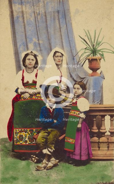 Cociare two unidentified women seated next to a boy seated and a girl standing, all..., 1863-1864. Creator: Antonio Mariannecci.