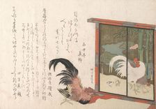 Cock Eyeing a Free-standing Screen Painted with Cock, Hen, and Chicks, from Sprin..., probably 1813. Creator: Yanagawa Shigenobu