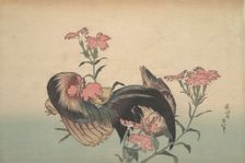Cock, Hen, and Nadeshiko (Dianthus Superbus). Creator: Hokusai