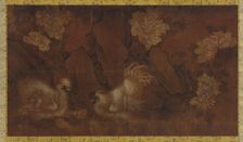Cock, hen and chickens near peony shrubs, Qing dynasty, 18th century. Creator: Unknown
