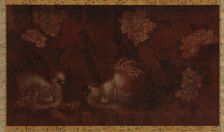 Cock, hen and chickens near peony shrubs, Qing dynasty, 18th century. Creator: Unknown