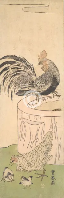 Cock, Hen, and Chicks, ca. 1770. Creator: Utagawa Toyoharu.